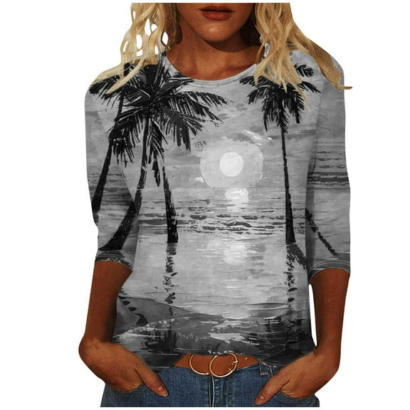 gldaond Womens Hawaiian Shirts Tropical Print Casual Graphic Loose Fit Blouses Top Ladies Three Quarter Sleeve Tops Beach Round Neck T-Shirts