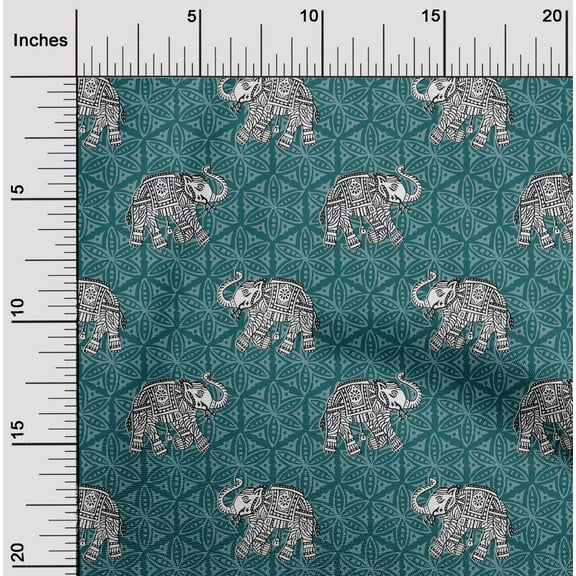 oneOone Organic Cotton Poplin Twill Fabric Elephant Block Printed Craft Fabric BTY 42 Inch Wide