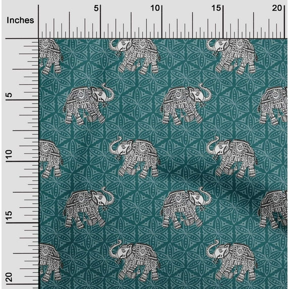 oneOone Polyester Lycra Fabric Elephant Block Print Fabric BTY 56 Inch Wide
