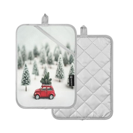 

2 Pcs Pot Holders Sets Oven Mitts Square Potholders Oven Hot Pads Heat Resistant for Kitchen Cooking Baking 7 x9.8 Cute Toy Car and Christmas Tree