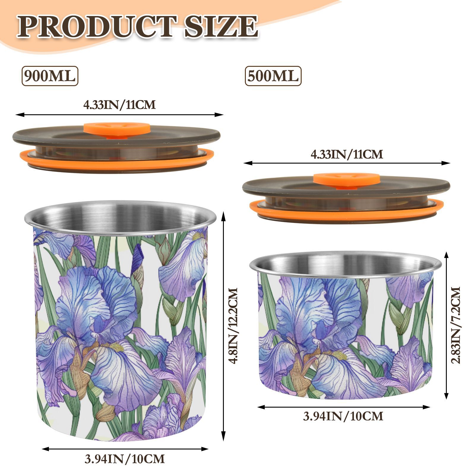 Iris Flowers Floral Airtight Coffee Bean Canister 30oz Food Storage Containers with Lids For Gournd, Tea, Sugar, Flour, Rice, Cereal, Candy Cookie Jar