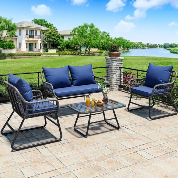 4-Piece Blue Outdoor Wicker Conversation Set With Glass Table