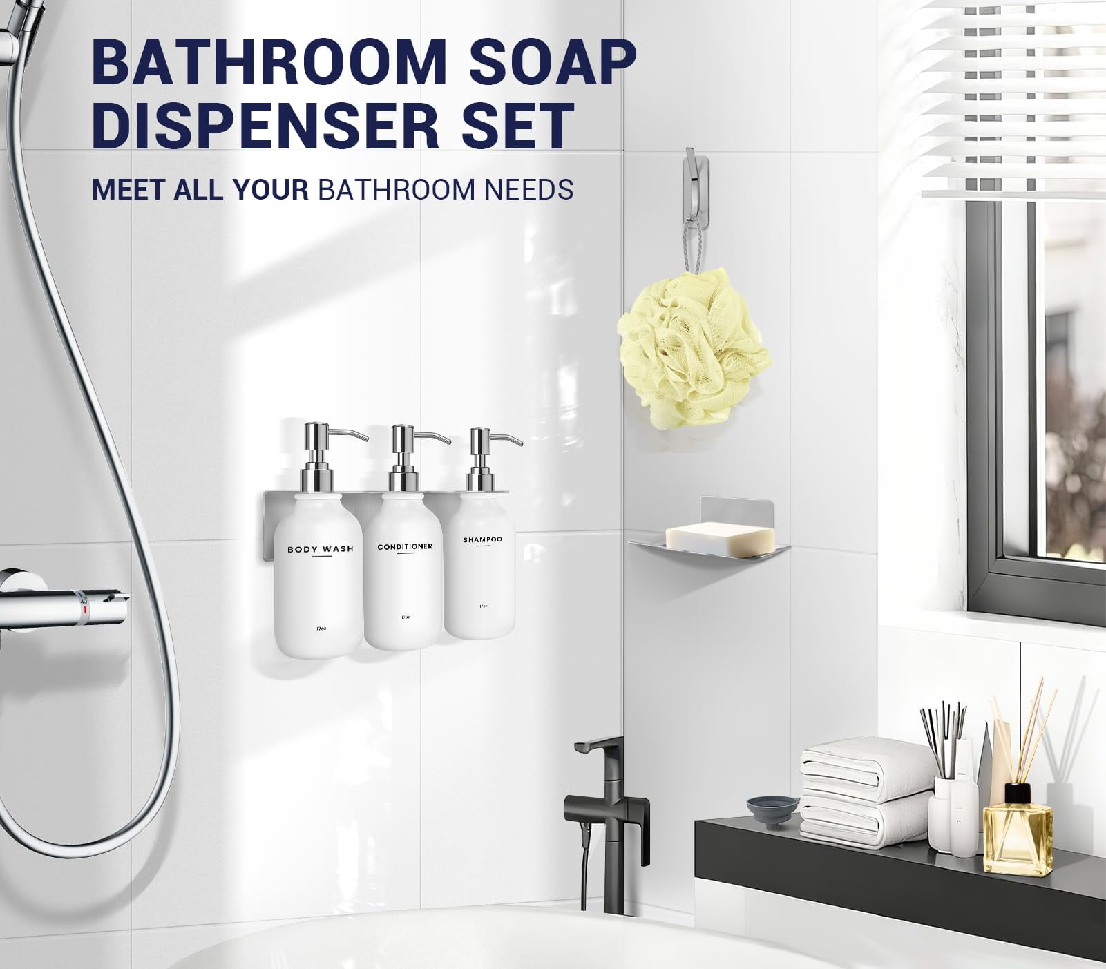 Shampoo and Conditioner Dispenser - Shower Soap Dispenser Wall Mounted - 17 fl oz Set of 3 Silver Plastic Bottles Black Pump - Shampoo Dispenser, Shower Dispenser