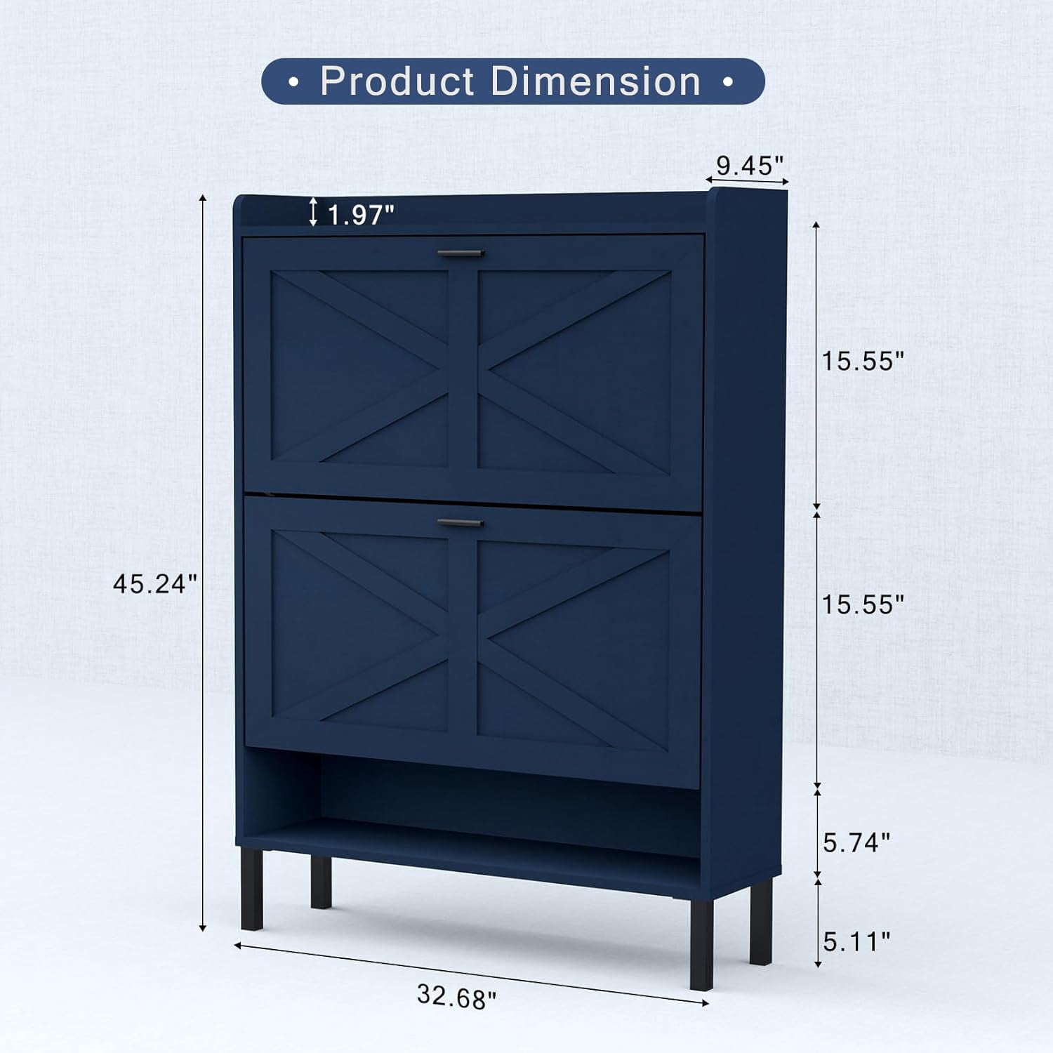 Vinform Shoe Storage Cabinet with 2 Flip Drawers for Entryway, Farmhouse Wood Shoe Cabinet, Freestanding Narrow Shoe Rack Organizer with Metal Legs for Hallway Living Room (Blue)