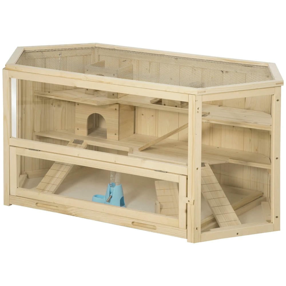 GVN Wooden Large Hamster Cage Small Animal Exercise Play House 3 Tier with Tray, Water Bottle, Natural