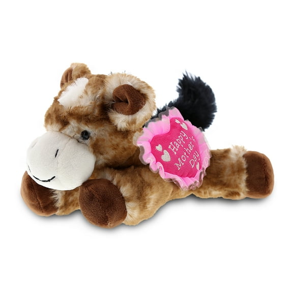 DolliBu Happy Mother's Day Super Soft Plush Lying Brown Donkey Doll- Cute Stuffed Animal with Pink Heart Message for Best Mommy, Grandma, Wife, Daughter - Cute Farm Life Plush Toy Gift - 9" Inches
