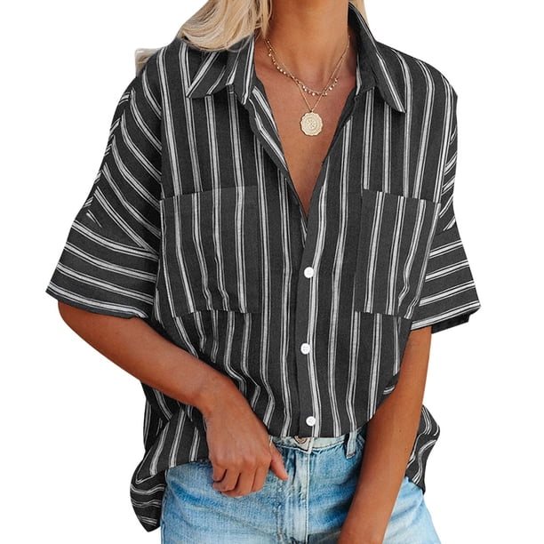 Minnieouse Camisa de mujer Media manga a rayas Blusa con bolsillos Camisa de media manga a rayas Botón con cuello en V Top Prendas para la parte del cuerpo negro S Minnieouse AP003125-06