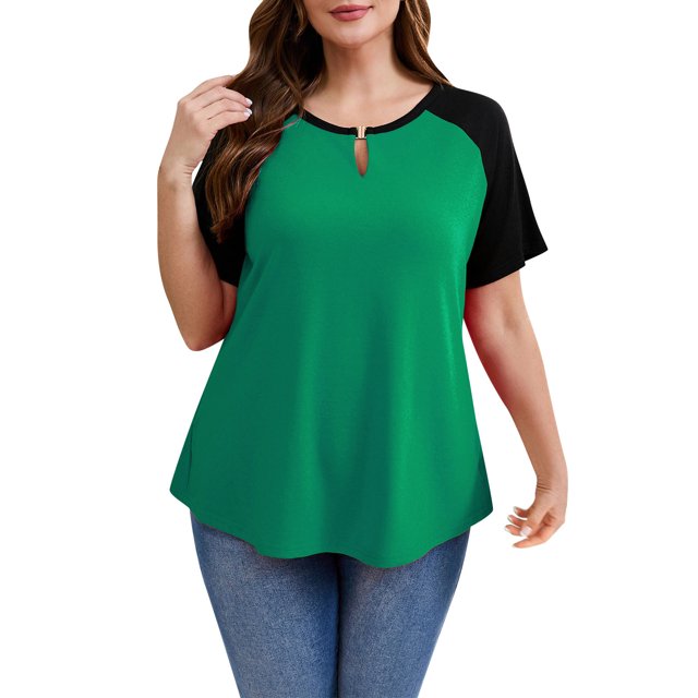 Maplenight Womens Plus Size Casual Tops Summer Color Block Short Sleeve Loose Polluer Solid Keyhole Neck Blouse Shirt