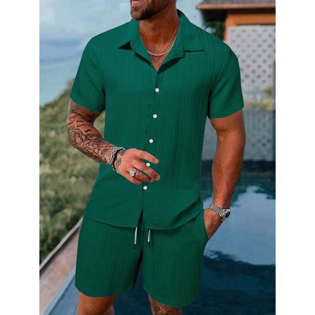 Men's Summer Beach Casual Short Sleeve Loose Two-Piece Set Solid Color Outdoor