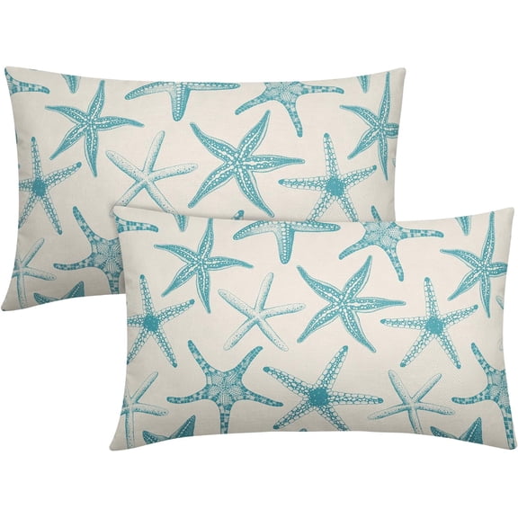 Aqua Starfish Lumbar Pillow Covers 12X20 Inch Set of 2 Beach Ocean Coastal Decorative Rectangular Pillow Cases Summer Nautical Cotton Linen Cushion Case Home Decor for Sofa Couch Outdoor