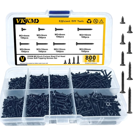 800pcs M2 Phillips Flat Head Self-Tapping Screws Assortment, Carbon Steel Black Short Screws Kit, Small Screws for Electronics and DIY