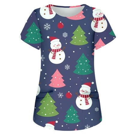 

qucoqpe Womens Plus Size Scrubs Women Short Sleeve Tops Working Uniform Christmas Printed Pocket Blouse Casual Nurse Shirts Scrubs on Clearance