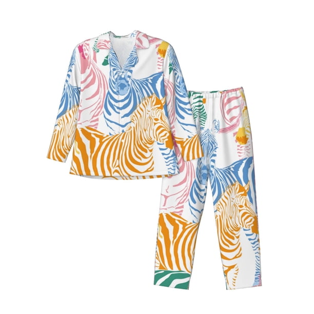 Balery Zebra Colourful Pijama para Hombre de Dos Piezas con Manga Larga, Conjunto de Dormir y Descanso Suave con Bolsillos-Small