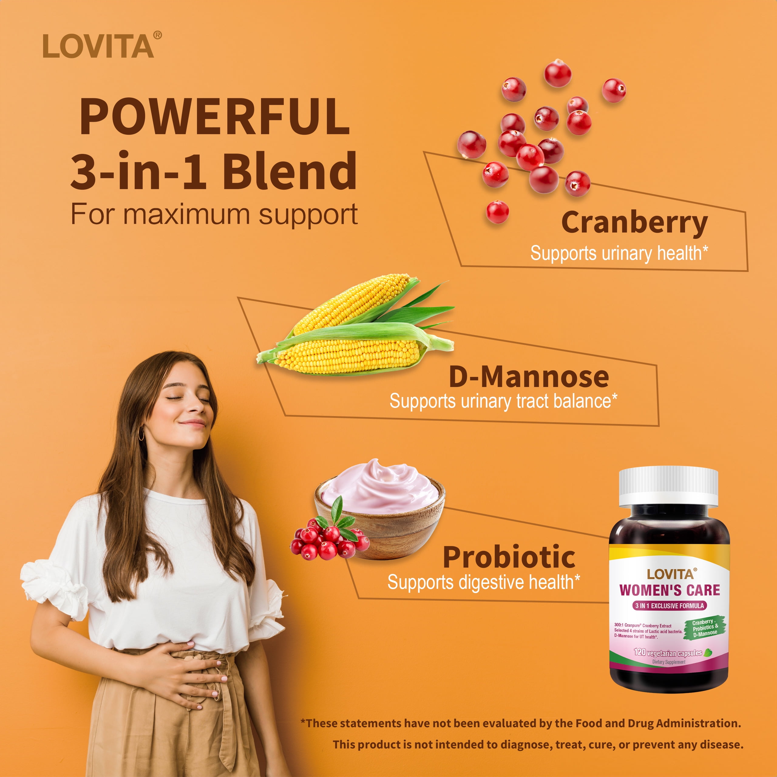 LOVITA Women's Care Supplement – Supports Urinary Tract & Digestive Health with D-Mannose, Cranberry & Probiotics – 120 Vegan Capsules