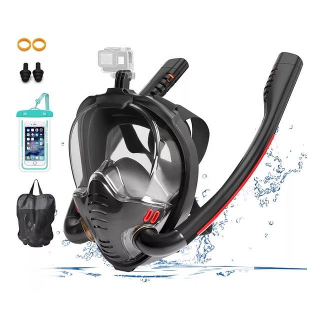 Máscara de Snorkel Negro Adultos con Soporte para Cámara, Mascarilla Pleno con Bolsa Impermeable, Vista panorámica de 180°,antivaho y antifugas