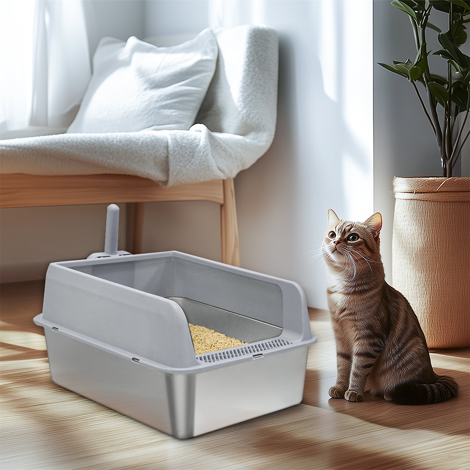 BingoPaw Stainless Steel Large Cat Litter Box High Sided Pan Anti-Leakage with Spoon for Cats