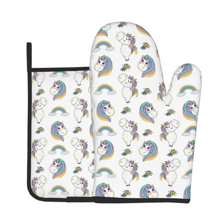 

Lukts Funny Kawaii Unicorns Dancing Print Kitchen Heat-Resistant Gloves and Spacers 2pcs Set Suitable for Baking and Cooking