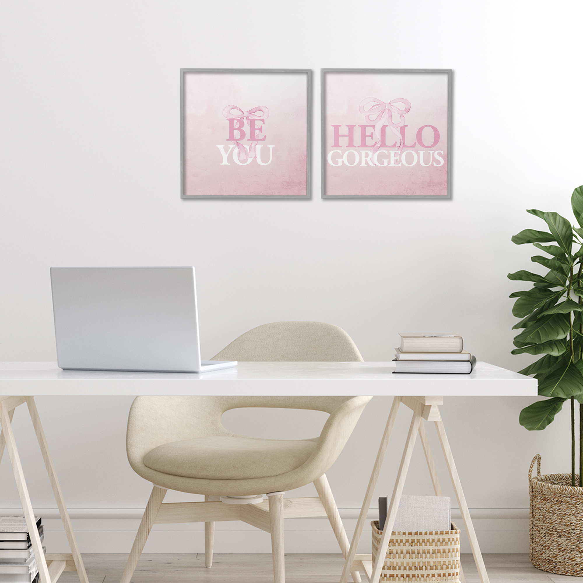 Pink Feminine Empowerments 2 Piece Gray Framed Giclee Art Set, design by Kim Allen