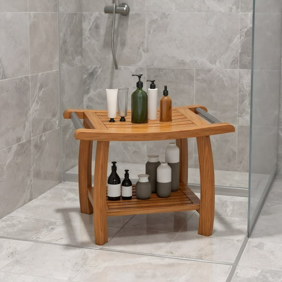 YYAo 2-Tier Teak Wood Shower Bench Shower Stool with Curved Seat