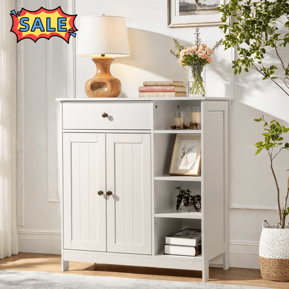 Tcbosik Free Standing Bathroom Cabinet with 1 Drawer 2 Doors, Accent Cabinet with Adjustable Shelves, Storage Organizer for Kitchen, Entryway, Living Room, White