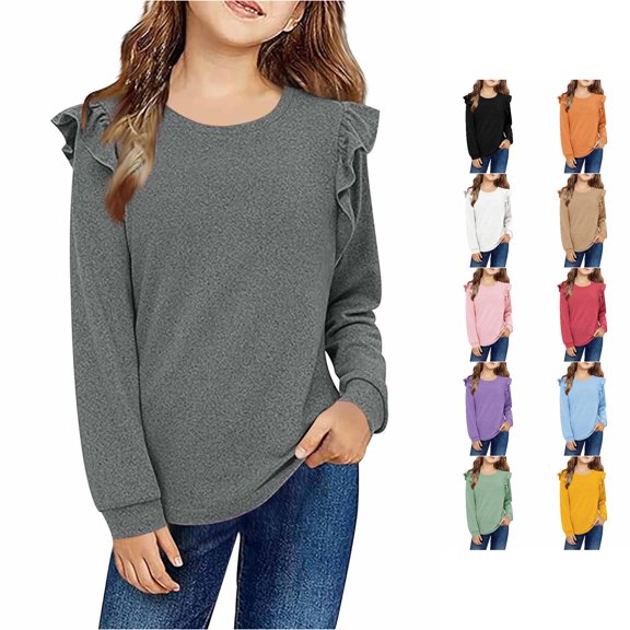 MEZZALL Girls Sweatshirts Long Sleeve Tops With Lace Trim Fashionable Fall Winter Tunic Shirt For Big Kids And Tweens Solid Color Pullover , Grey