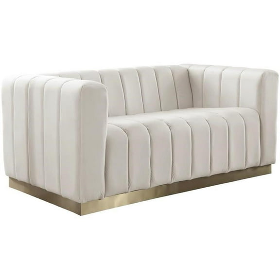 Pemberly Row Contemporary Velvet/Stainless Steel Loveseat in Cream/Brushed Gold