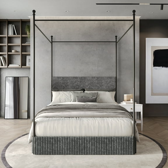 Castle Place Luxurious Corduroy Velvet Full Metal Platform Bed with 4 Storage Drawers, Grey