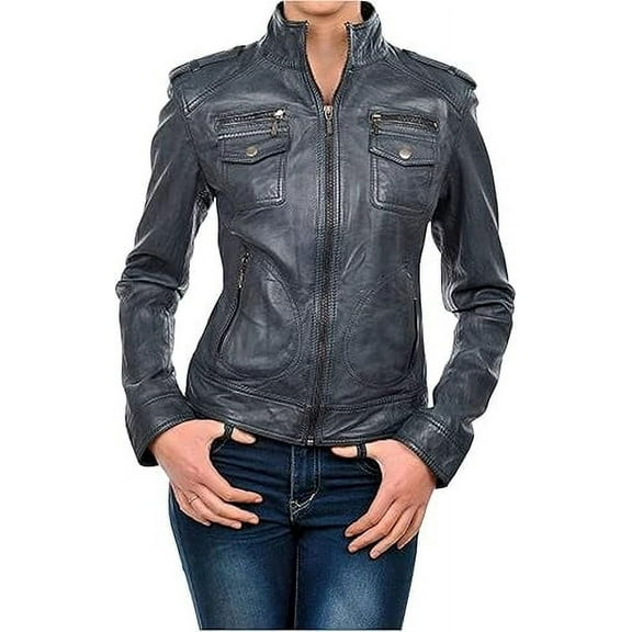 HOT! Women's Genuine Lambskin Leather Jacket Slim Fit Biker Gray jacket Coat W577
