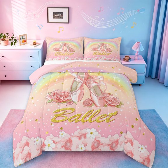 jejeloiu Chic Ballet Shoes Bedding Comforter Set,Colorful Rainbow Twin Comforter Sets,Pink Flower Floral Bedding Set For Princess,Microfiber Bedroom Decor Reversible,2 Pieces
