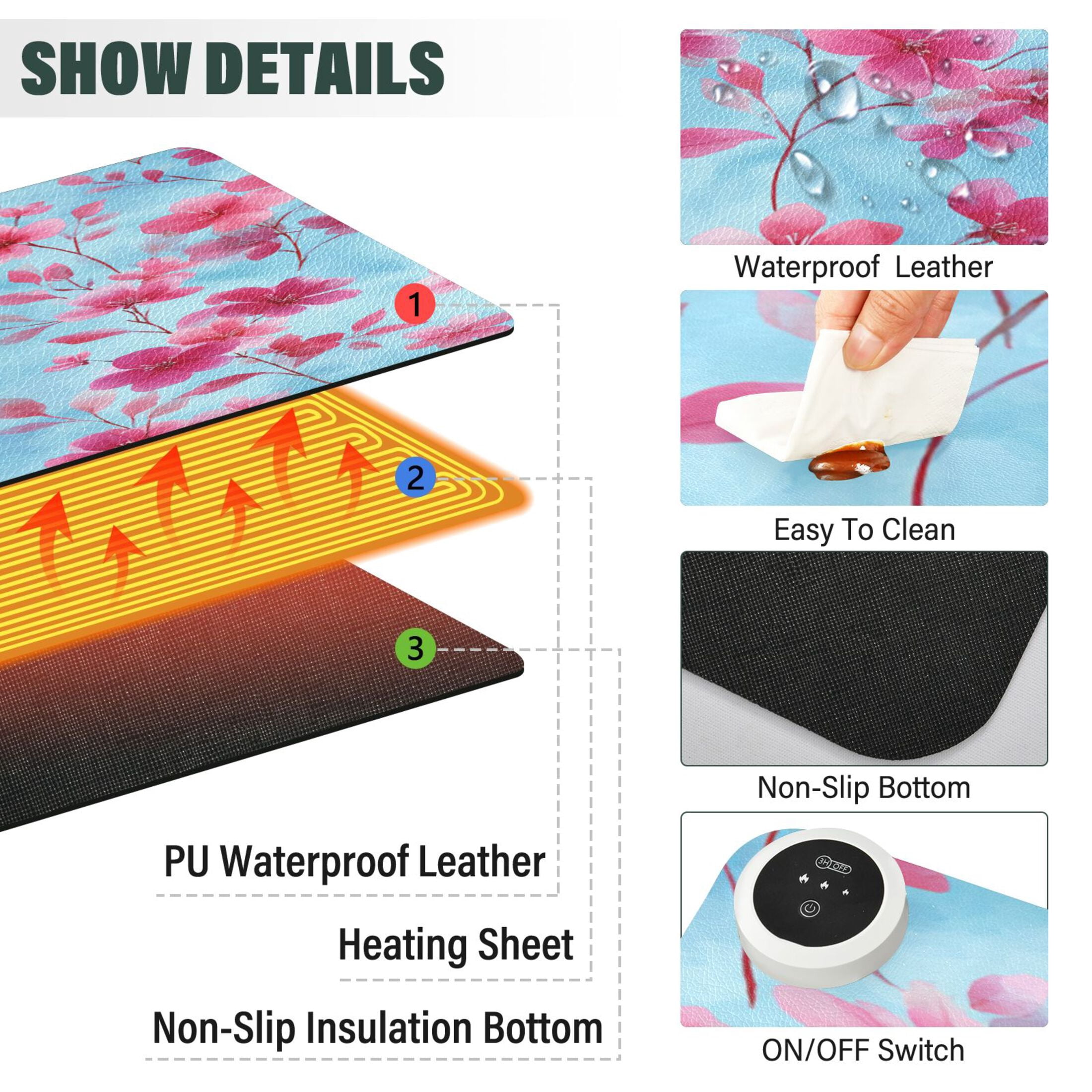 Large Heated Desk Mat Mouse Pad 31.5"x13"PU Leather Graphene Heating Desk Warmer with 3 Temperature Settings 110V US Plug Non-Slip Warm Pad for Home, Office, and Gaming Cute Pink Delicate Flowers