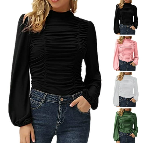 Camisa con volantes fruncidos para mujer, blusa de manga larga para mujer, blusa informal para mujer, blusa de manga larga para mujer, rendimiento potente