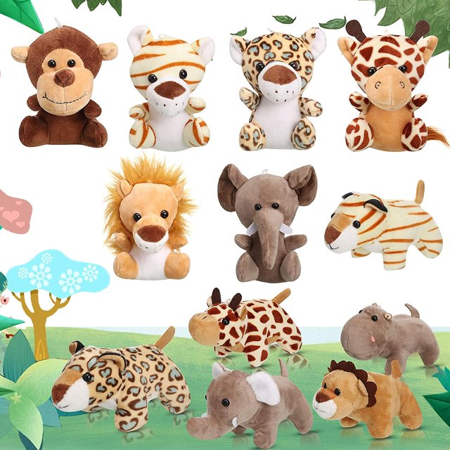 12 piezas de mini animales de peluche del bosque, juguetes de peluche de animales de la selva en 4,8 pulgadas, lindo elefante de peluche, león, jirafa, tigre de peluche para fiestas temáticas de