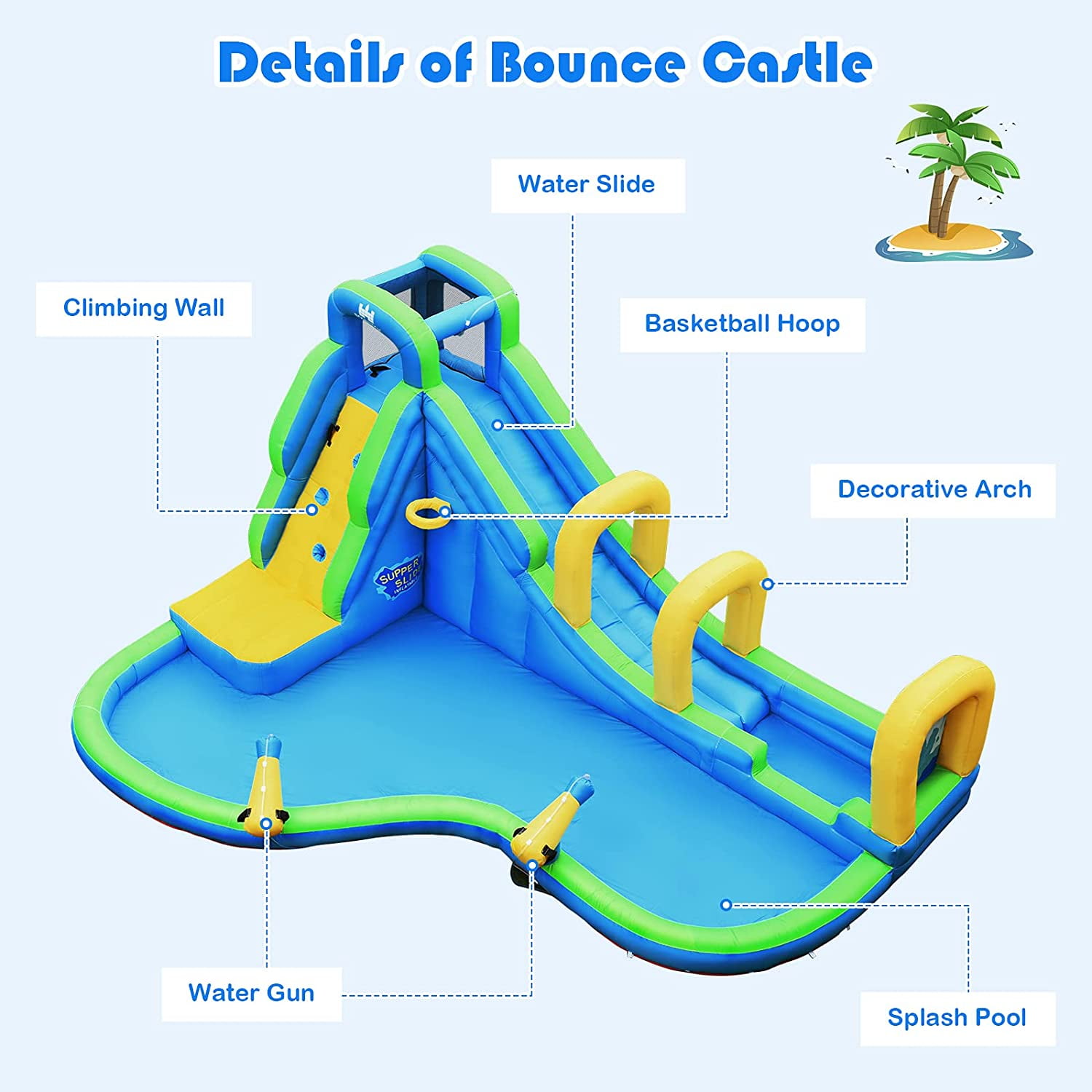 OLAKIDS Inflatable Water Slide, Bouncing House with Slide, Climbing Wall, Splash Pool, Basketball Rim, 2 Water Blasters, Jumping Castle, Accessories with Carrying Bag, Repairing Kit, Hose