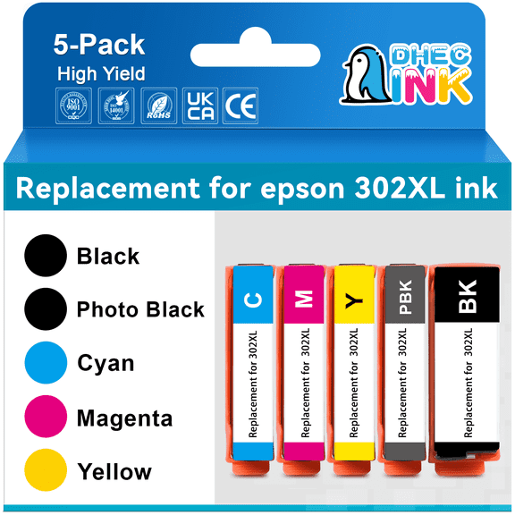 302 Ink Carridge for Epson 302XL Ink Cartridges Multipack T302 T302XL for Expression Premium XP-6000 XP-6100 Printer (Black Photo Black Cyan Magenta Yellow, 5-Pack)
