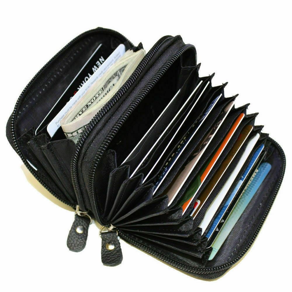 ACCORDION WALLET Black Solid Leather Zip Around Clear ID Credit Card Case  Holder