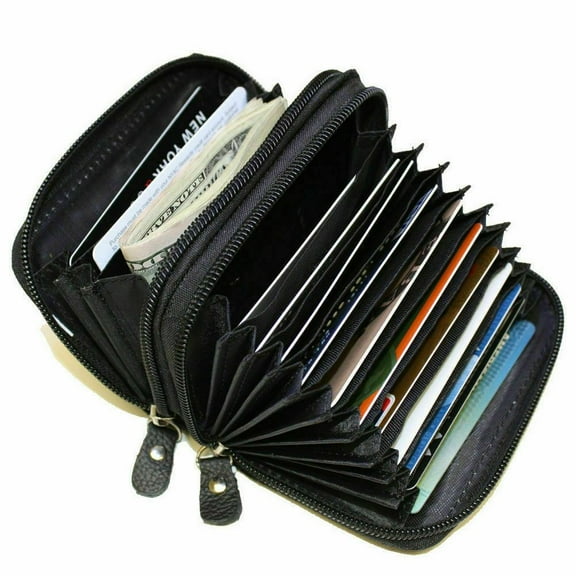 ACCORDION WALLET Black Solid Leather Zip Around Clear ID Credit Card Case Holder