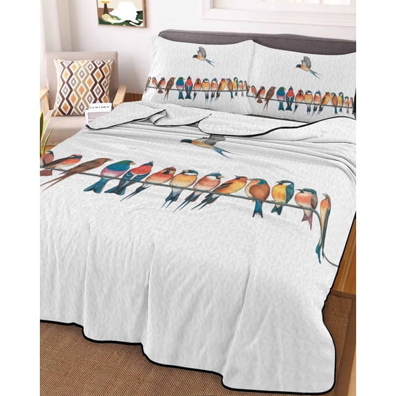 Birds King Size Down Alternative Comforter, Lightweight Comforter Quilt Bedding Set with Pillow Shams Watercolor Bird Vintage All Seasons Bed Comforter Duvet Insert 96"x106"