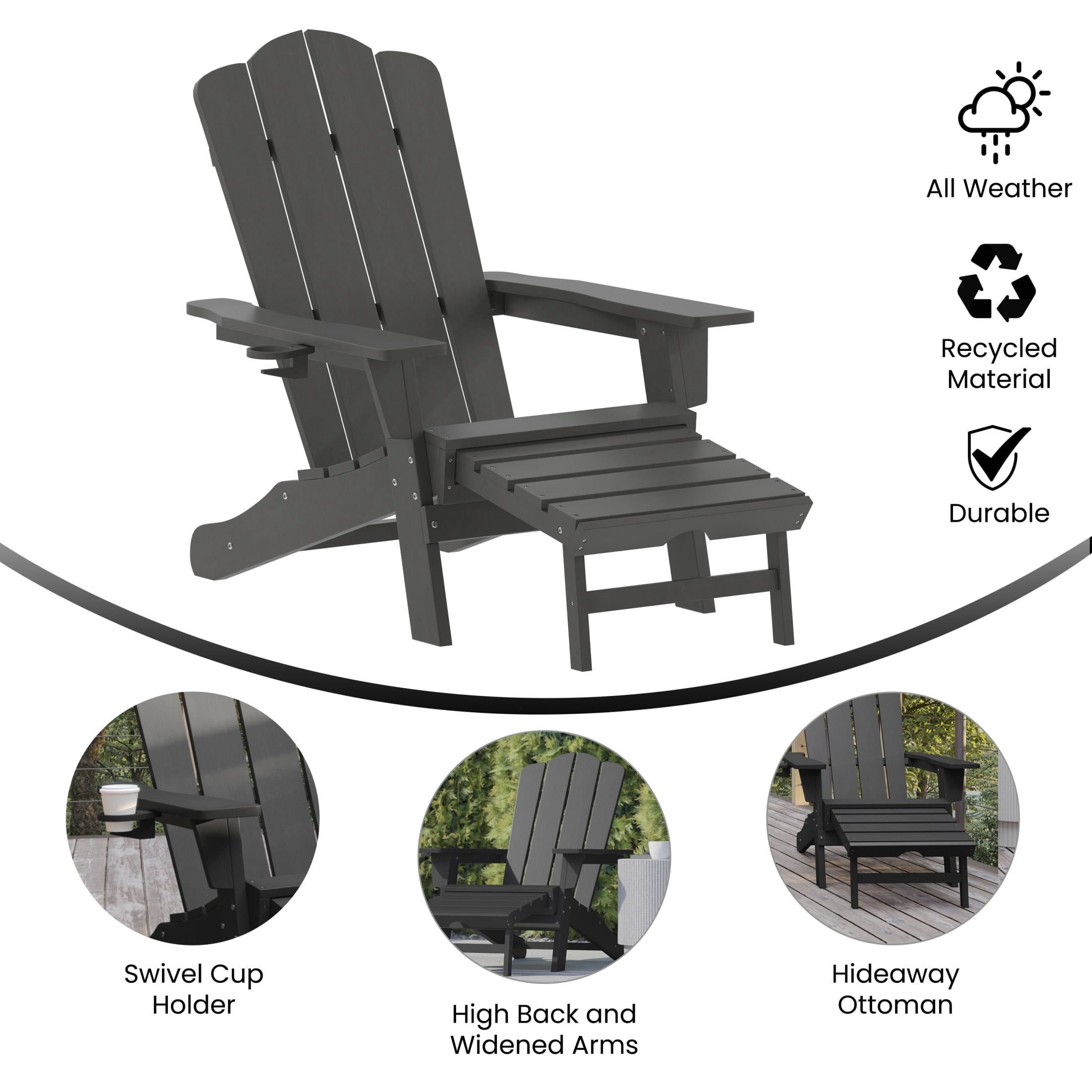 BizChair HDPE Adirondack Chair with Cup Holder and Pull Out Ottoman, All-Weather HDPE Indoor/Outdoor Lounge Chair in Gray