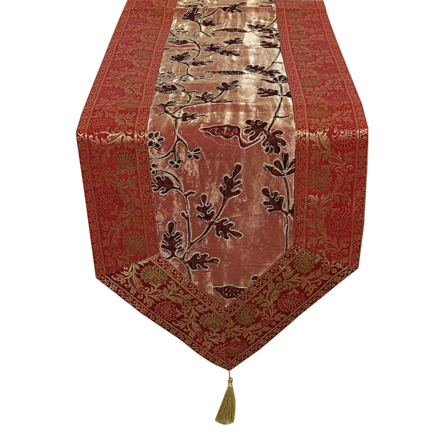 Stylo Culture Indian Dining Christmas Table Runner Extra Long 6 Ft Maroon Coffee Ethnic Brocade Bordered 72 Inch Decorative Placemat Zari Embroidered Tassels 14 Inch Wide Party Wedding Decor
