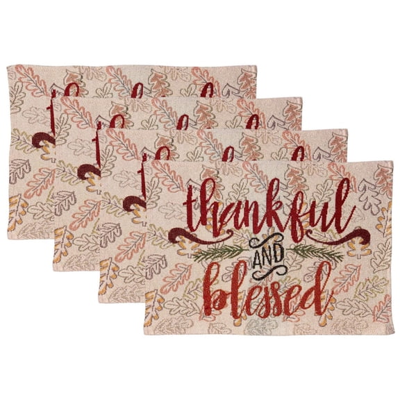 Set of 4, Thankful  Blessed with Leaf Tapestry Placemats for Autumn, Fall, Thanksgiving Kitchen Dining Table Easy to Clean, Machine Washable Size: 13” x 19”.