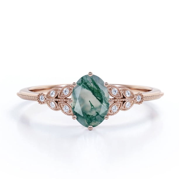 JeenMata Anillo Compromiso 6 Puntas Filigrana Milgrain Ovalada Drusa Ágata Verde Musgo y Moissanita 1,10 ct Marquesa Baño Oro Rosa 18K sobre Plata