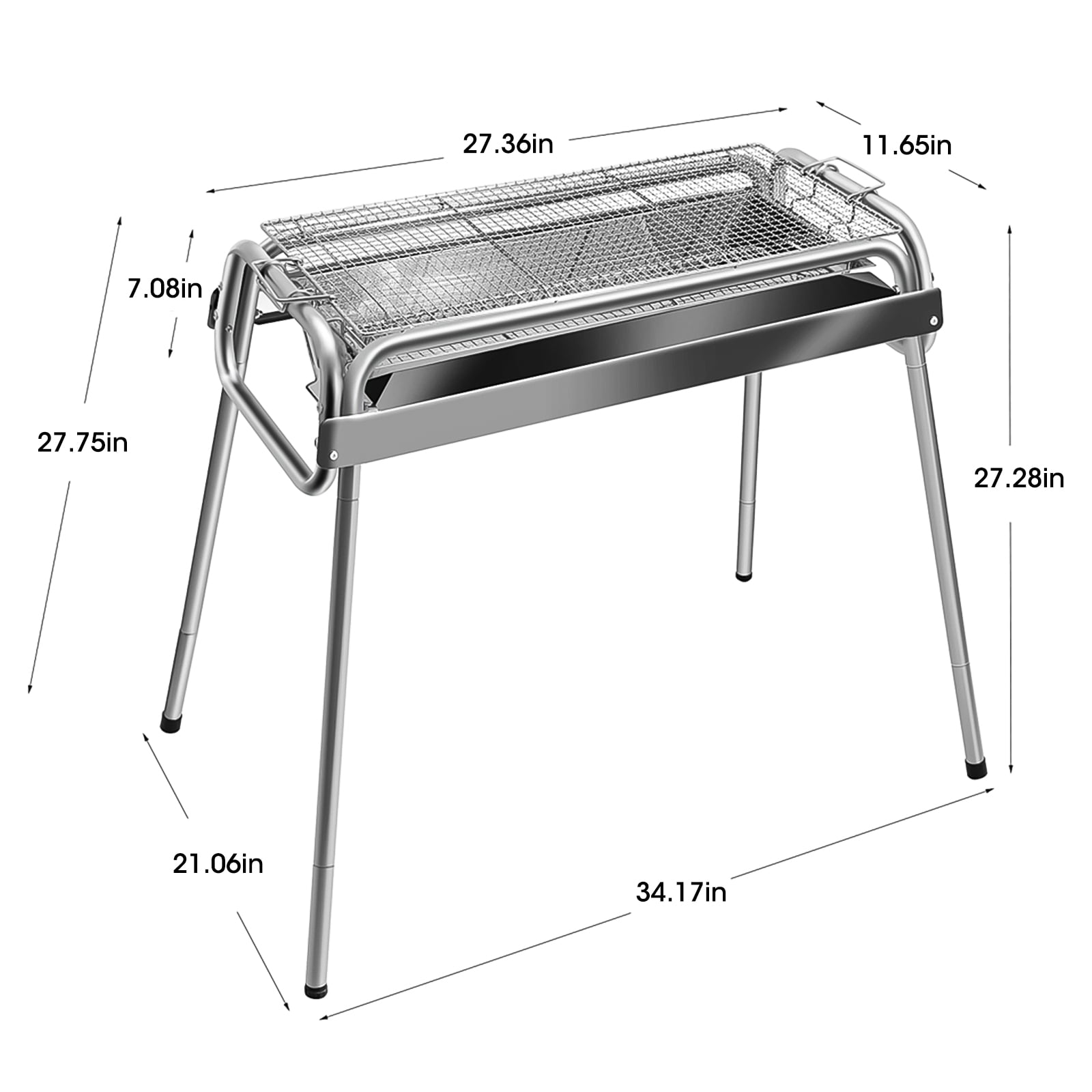 Uten 27" Portable Foldable Charcoal Grill, Stainless Steel BBQ Grill for Outdoor, Patio, Backyard, Camping, Silver