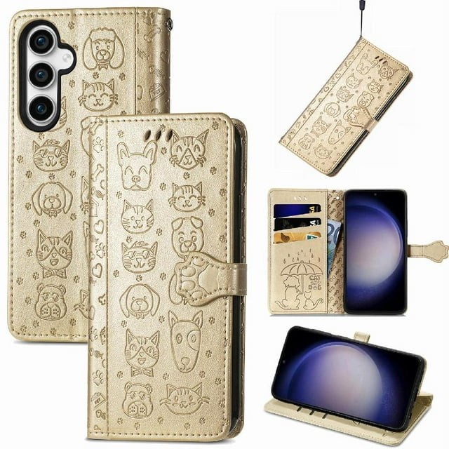 Funda Cartera FOXDOCK para Samsung Galaxy S23FE , Flip PU con Relieve de Gatos y Perros, Tarjetero y Soporte