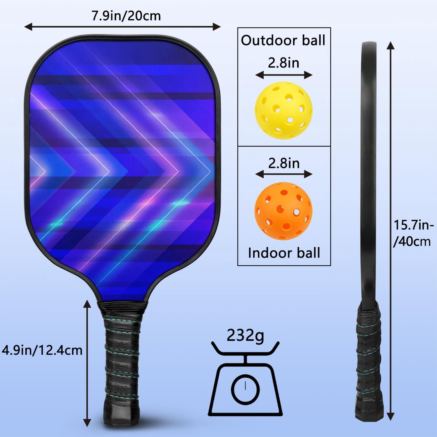Pickleball Paddles Set Of 1, Fiberglass Surface, Speed, Lightning, Thunder Print, 1 Paddle, 2 Balls & Bag
