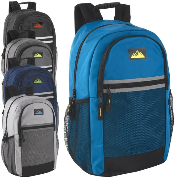 24 Pack Multipocket Reflective Backpacks with Front Zippered Pockets and Side Mesh Pockets in Dark Colors Pack