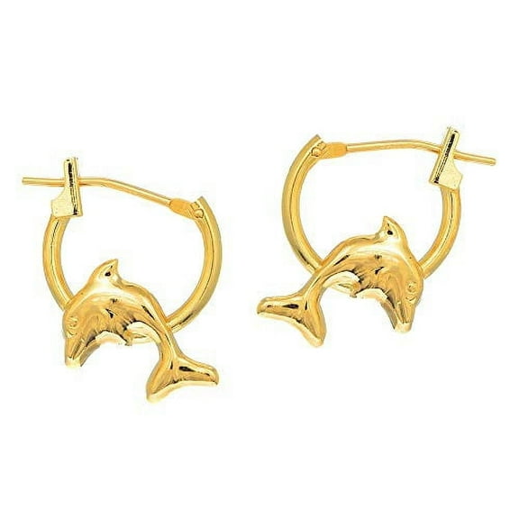 Jewelstop 14K Real Yellow Gold Dolphin Tubular Hoop Earrings - 10mm