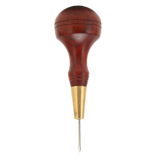 lezna de costura de cuero de 3 mm herramienta profesional para manualidades con mango de palisandro color caoba y vástago de acero, cono rombo con punta afilada; longitud total aprox. 90 mm y diámetro de cono aprox. 30 mm, adecuada para perforar y coser cuero en proyectos de artesanía y frecuentemente usada para marcar agujeros guía en trabajos pequeños.