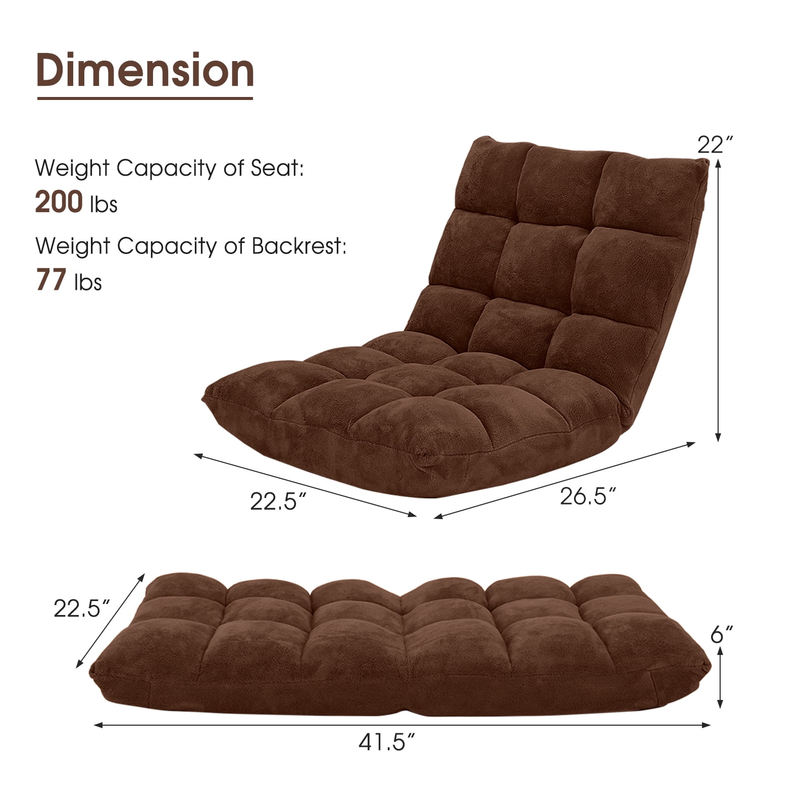 Patiojoy Adjustable 14-Position Floor Chair ,Padded Gaming Chair Lazy Recliner Brown