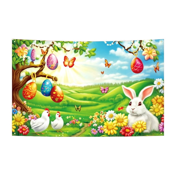 Easter Background Cloth, Bunny and Egg Party Props for Indoor, Outdoor Celebrations, High-Definition Photo Backdrop, Reusable Decoration for Family Gatherings and Events
