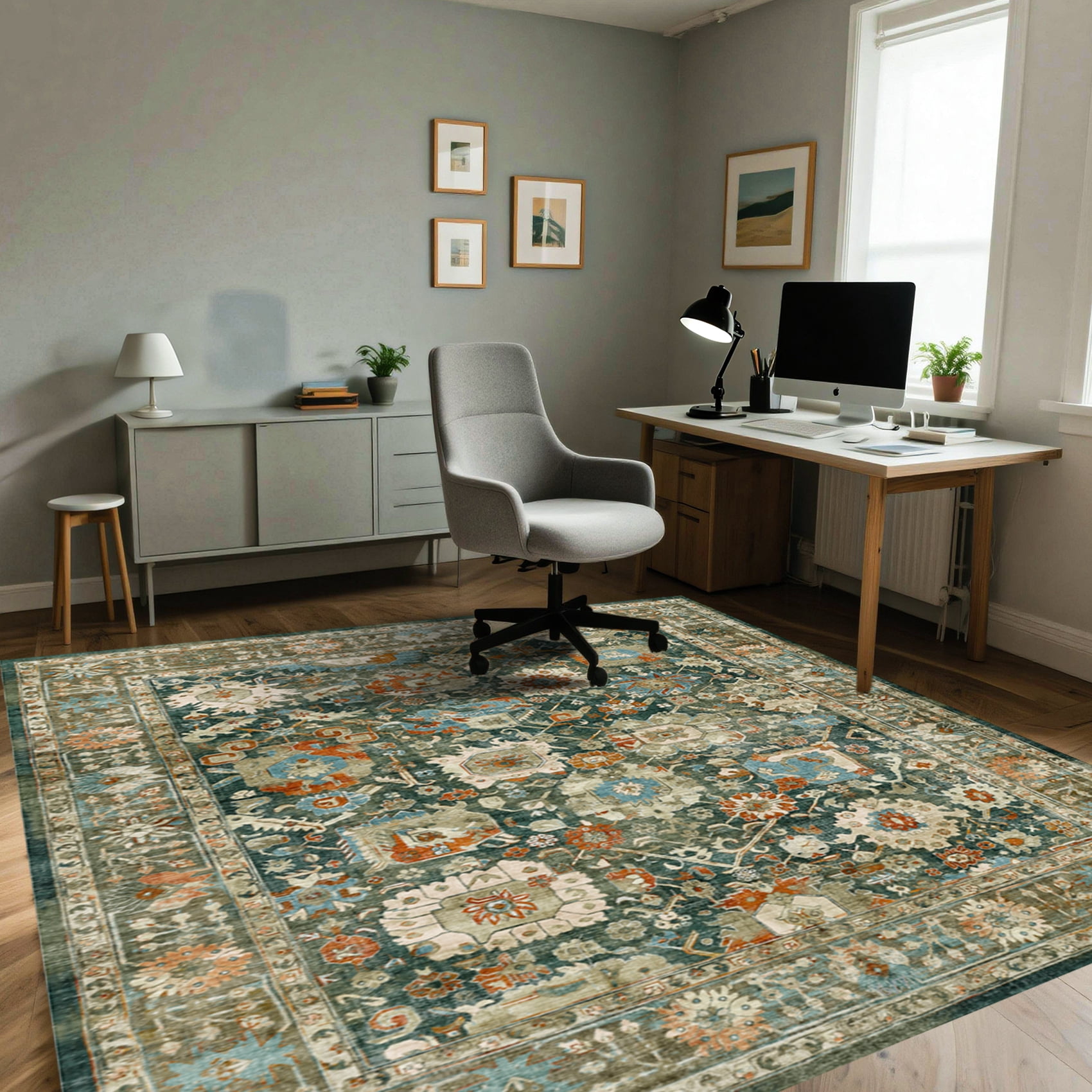 Rugs for Living Room 5x7, Non Slip Machine Washable Indoor Large Rug, Low Pile Chenille Print Mat for Bedroom Dining Room Home Office Kitchen,dark green